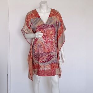NOT FOR SALE! Elegant Animal Print short kaftan, mixed silk, V-neck, size S.